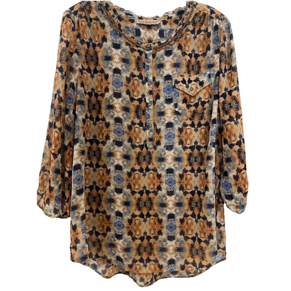 NINE WEST VINTAGE AMERICA Sz Large Blue Tan Semi Sheer Beaded Neckline Blouse